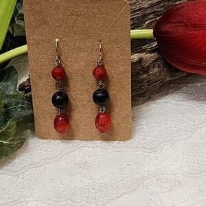 Boho Red and Black Beaded Dangle Drop Hook Earrings